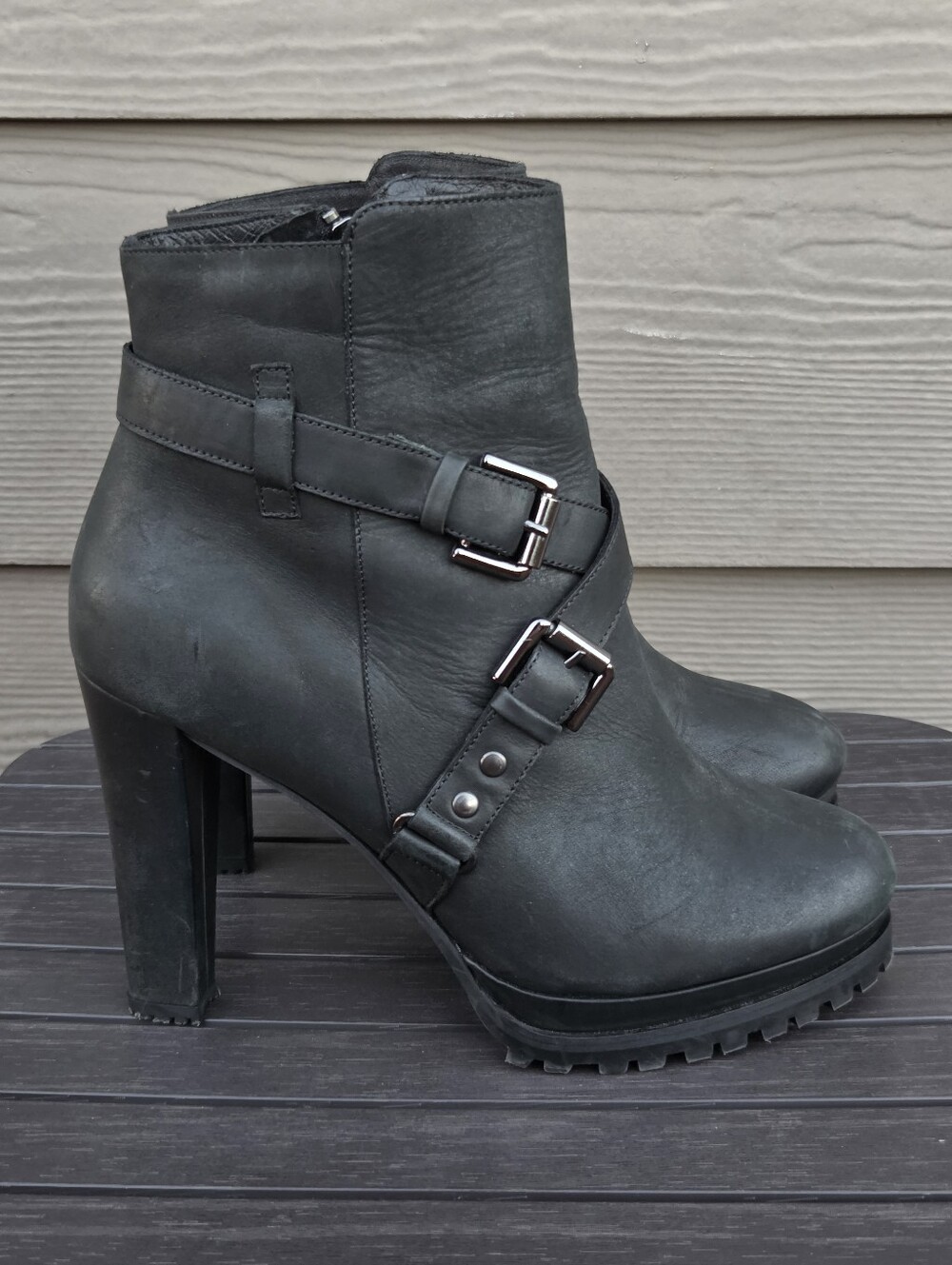 All Saints Aden Black Leather Double Buckle Heeled Ankle Moto Boots Size 40